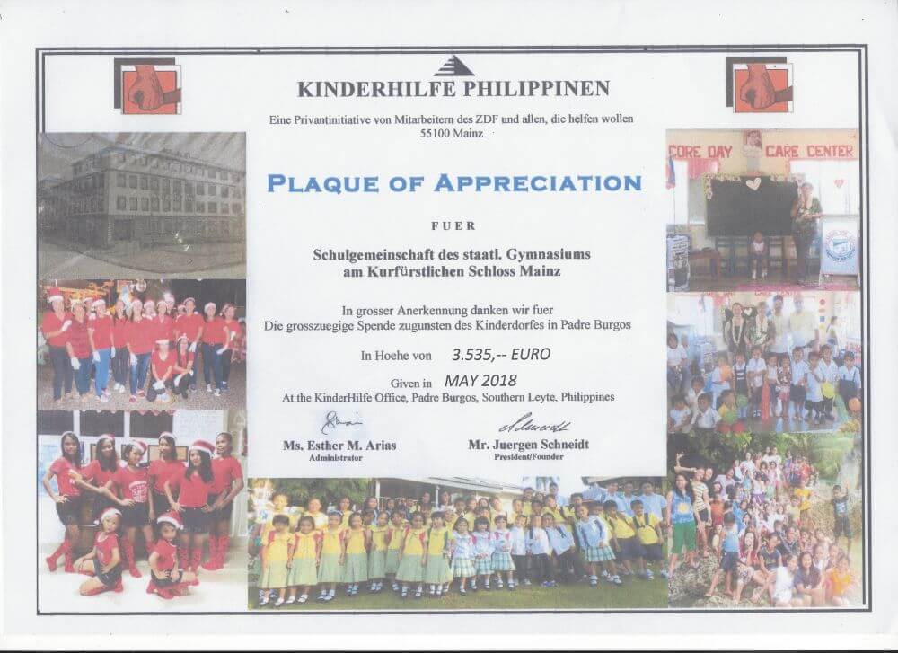 Spendenübergabe an die Philippinenhilfe – über 3500 Euro vom Schloss!