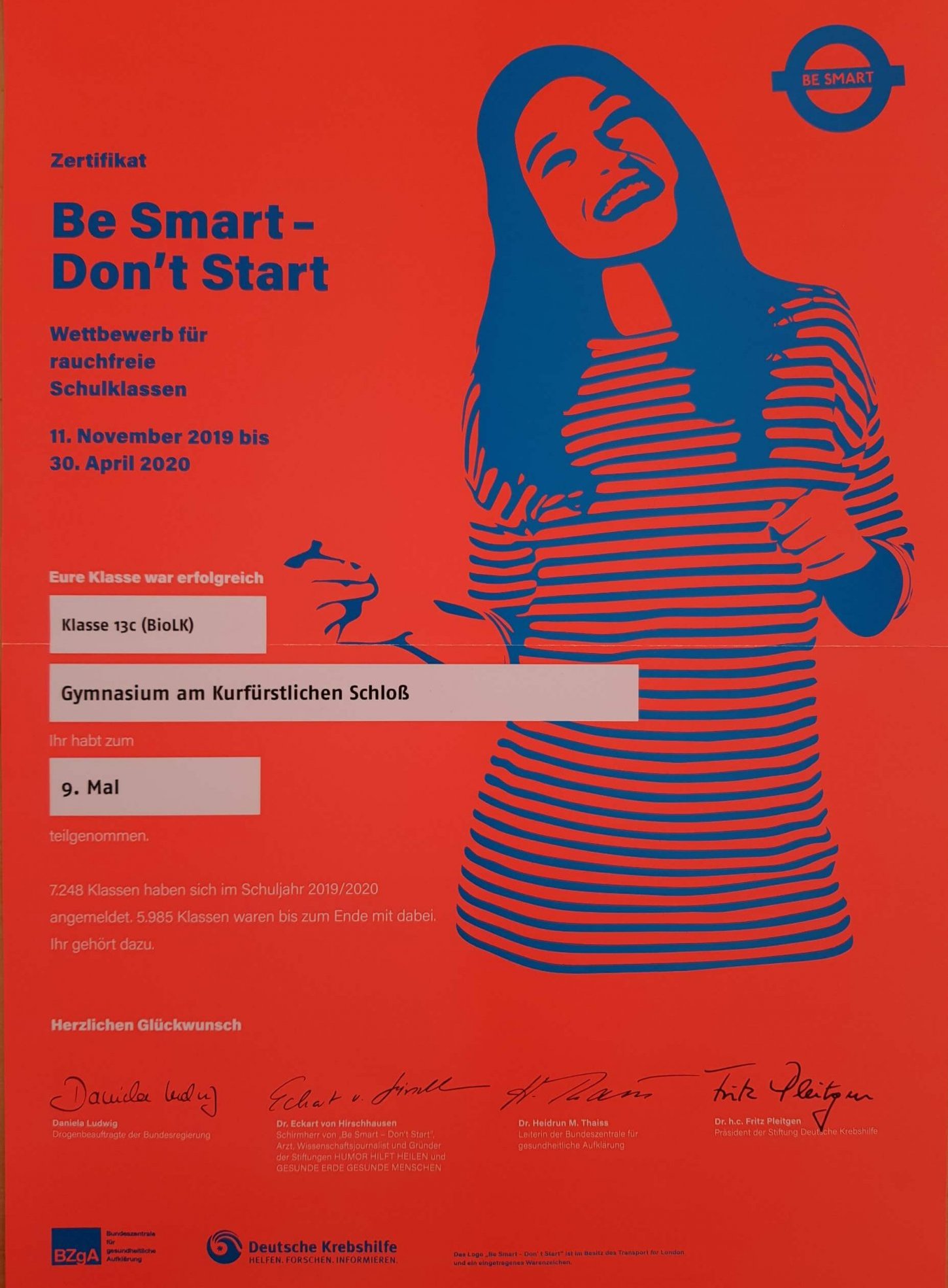 Biologie-Abiturientinnen und Abiturienten erhalten beim “Be Smart – Don´t Start”-Wettbewerb 2020 Preis für langen, rauchfreien Atem