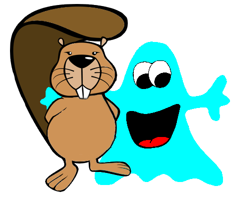 Das Maskottchen des Biber-Wettbewerbs, der Informatik-Biber, und der Schlossgeist stehen nebeneinander Arm in Arm.